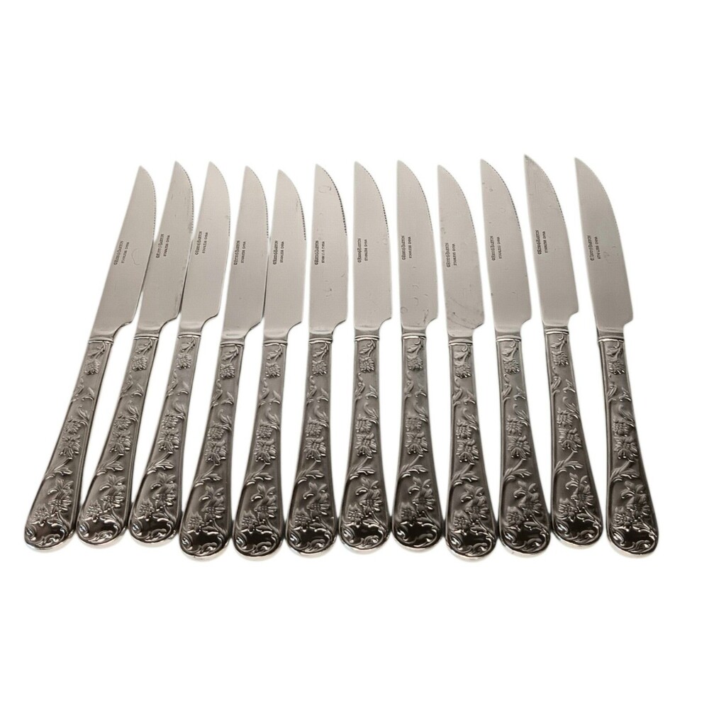 Reed & Barton Queens Garden 12 Steak Knives Glossy Stainless Flatware Floral